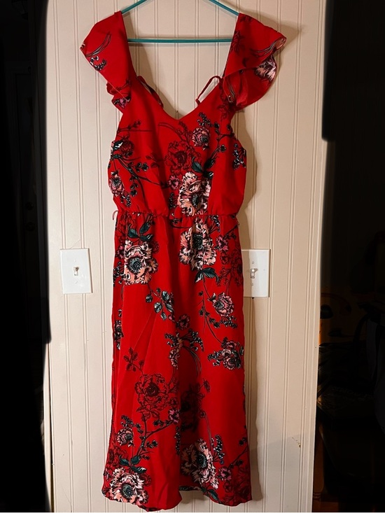 bailey blue Pants - bailey blue Red Floral Ruffle-Sleeve Jumpsuit